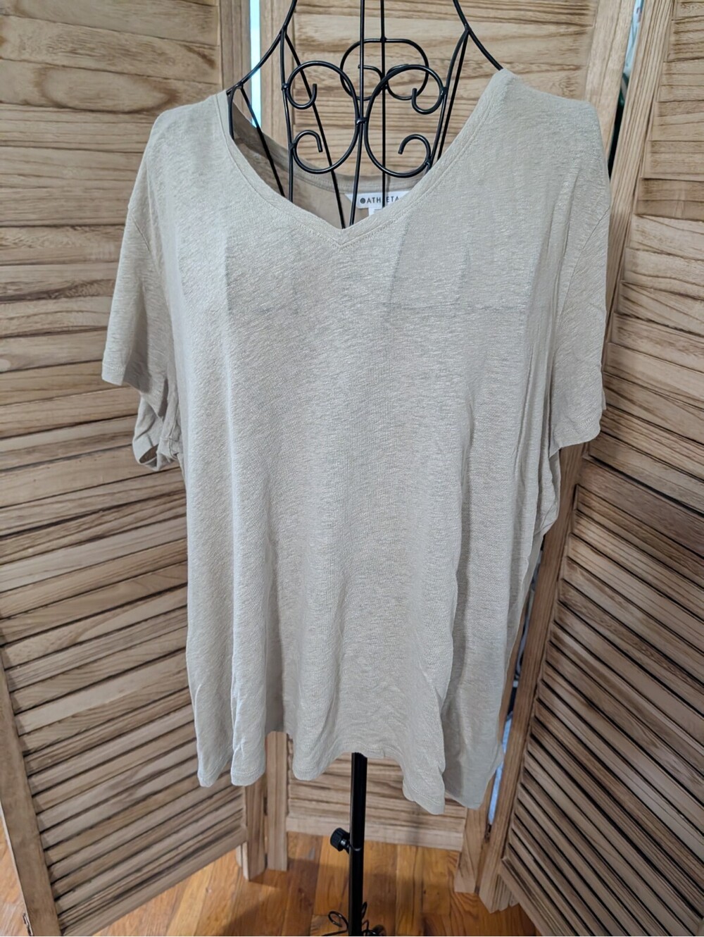 Athleta Women's Beige V-Neck Cotton Knit Top Short Sleeve XL